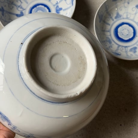 明治期 古い染付の入れ子鉢 (3鉢) アサガオ 蔓 絵  薄色  完品
