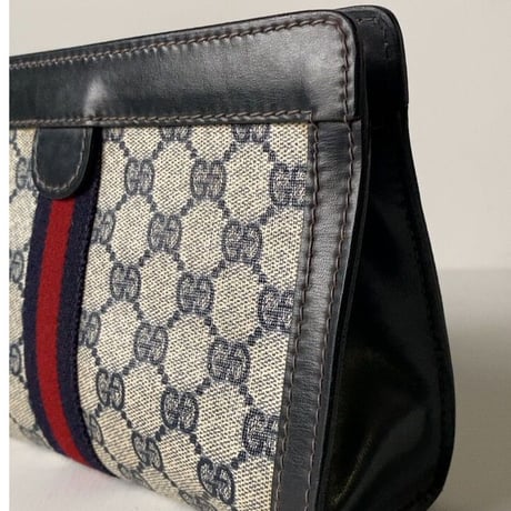 GUCCI PARFUMS  グッチパフューム オールドグッチ  コーティングGGキャンバス/レザー シェリーライン 紺赤  23cm 小型  ヴィンテージ コスメ ポーチ 化粧ポーチ