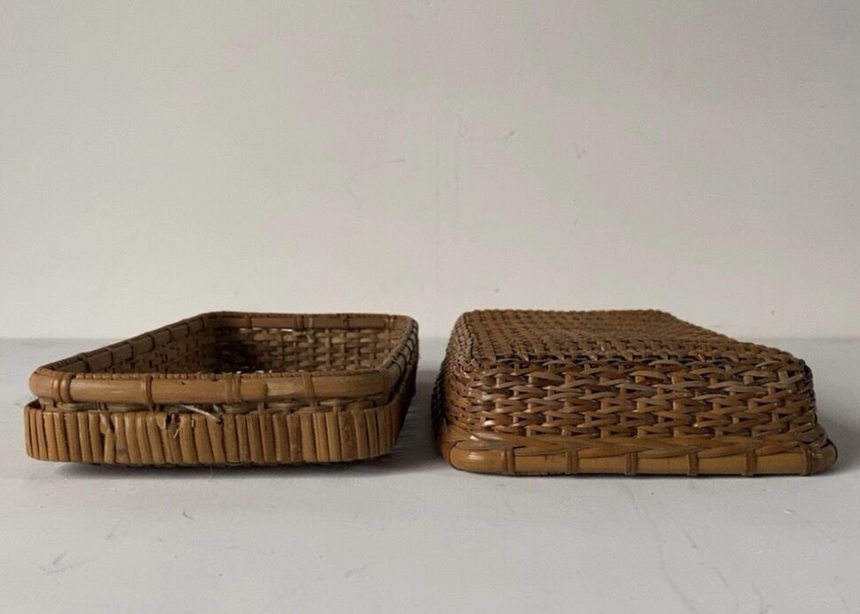 古い籐編みの平箱 茶道具 ペンケース 道具箱 古道具 古民藝 工芸品