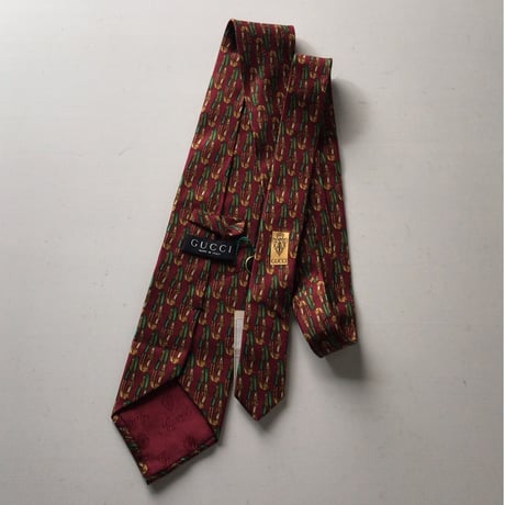 GUCCI オールドグッチ ヴィンテージ ネクタイ タグ付きデッドストックベルト総柄  ボルドー シルク100% 未使用品
