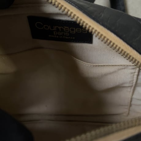 Courreges クレージュ  70sオールドクレージュ ミニショルダーバッグ カメラバッグ ダークネイビー レザー ビッグロゴ 中古良品