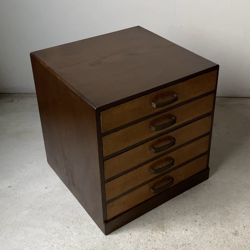 アンティーク 5杯小引き出し 真鍮摘み バイカラー 大きめ古引出し 古