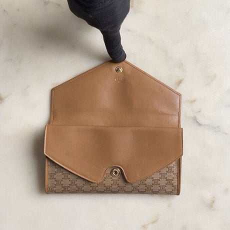 CELINE オールドセリーヌ Wレターフラップ長財布  マカダム レザー/PVC  ベージュ ゴールド  80s90sヴィンテージ ウォレット 中古良品