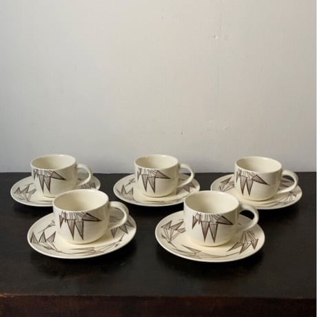 知山窯 コーヒーカップ&ソーサー5客セット 白磁＋幾何学模様絵付 ダークブラウン 傷無し完品