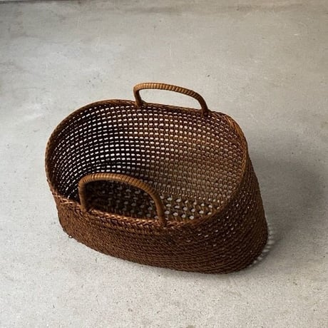 古い籐巻きの煎茶籠 大きめサイズ35 cm  更紗無し  ヴィンテージカゴバッグ 完品