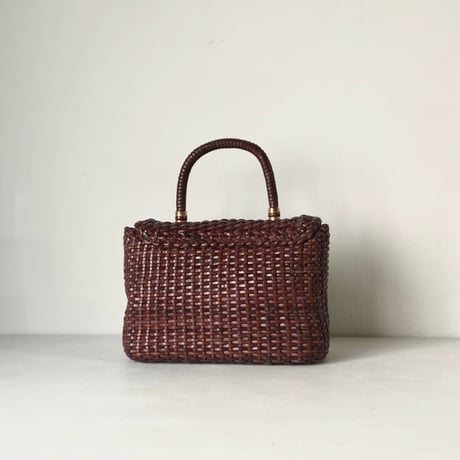 70s VINTAGE bag  OFFEL paris  オフィール パリス　レザー総編みハンドバッグ ケリー型 イントレチャート ブラウン クルミボタン 本革 革編み 中古良品