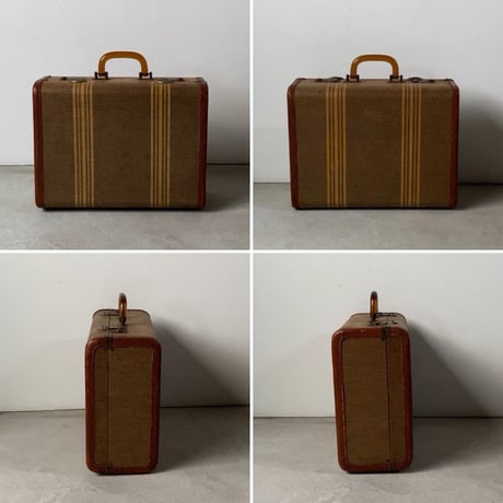 アンティークトランク 琥珀ハンドル ライン紋様 マスタード/ダークベージュ ヴィンテージ小型トランク 38cm 状態良好 鍵無し