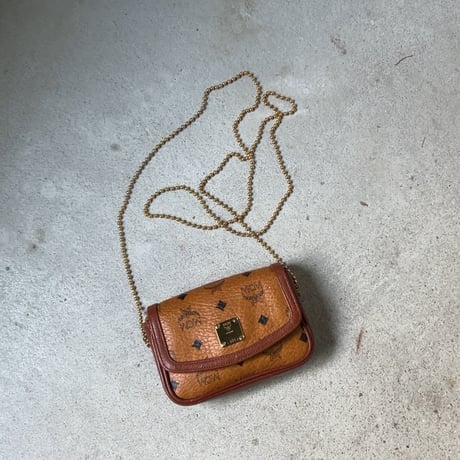 MCM オールドエムシーエム ヴィセトス柄 モノグラム コニャック ボールチェーン ミニミニショルダーバッグ フラップ ポシェット 中古美品
