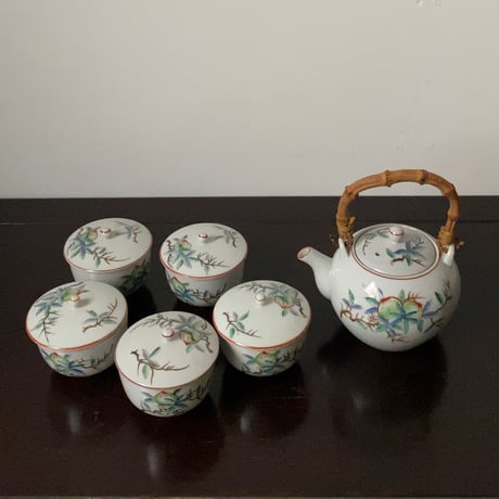 松風 古い茶器セット(急須+蓋茶碗5客) 桃柄 桃図 植物画   竹持ち手 湯呑 煎茶器