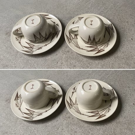 知山窯 コーヒーカップ&ソーサー5客セット 白磁＋幾何学模様絵付 ダークブラウン 傷無し完品