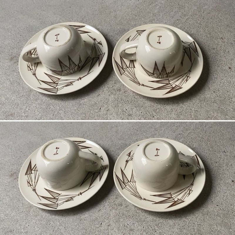 知山窯 コーヒーカップ&ソーサー5客セット 白磁＋幾何学模様絵付