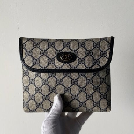 GUCCI オールドグッチ  GG柄コーティングキャンバス フラップ付ミニポーチ ネイビー  ヴィンテージポーチ 18.5cm