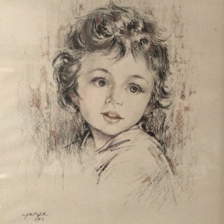 少女人物画　パステル・水彩　額 木製無垢材 デザイン・コンデイション良好