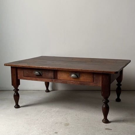 昭和期 ボールレッグ 大きめ濃茶の文机  2杯引出し 木製無垢二枚天板  厚手アルミ引手金具  ヴィンテージローテーブル 座卓  メンテナンス済