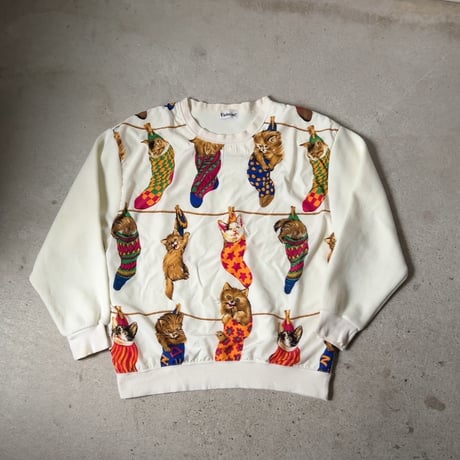 CHADORIAN チャドリアン 猫柄のトレーナー サテンフロント 猫画 総柄 レトロ ヴィンテージ 中古良品
