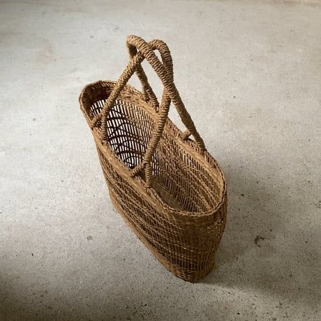 古いトート型編み籠 かごバッグ (小) 透かし編み 小型バッグ 鞄 ジャパンヴィンテージ 手仕事 ミニトート 昭和期 天然素材