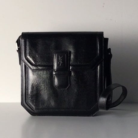 YSL  イヴ・サンローラン  型押しリザード  レザー ショルダーバッグ ブラック  ヴィンテージ  オールド 美品