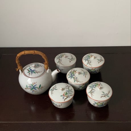松風 古い茶器セット(急須+蓋茶碗5客) 桃柄 桃図 植物画   竹持ち手 湯呑 煎茶器