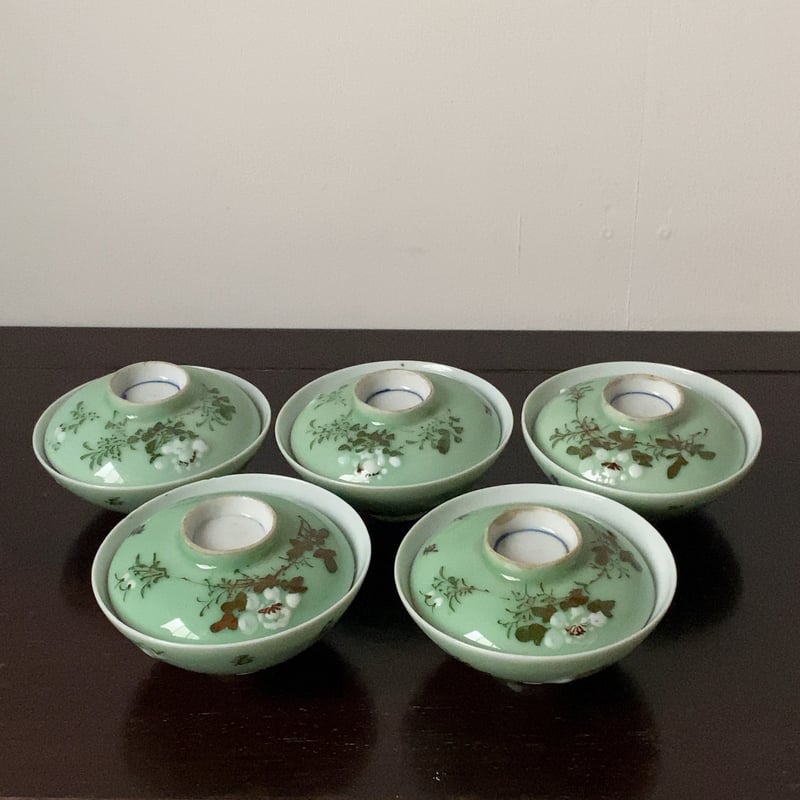 中国古玩　黄南京煎茶碗5客　木箱付　本Y5-0515☆トサチ 染付手描麦わら手煎茶茶碗 向付 小鉢 5客組 麦わら手 Antique