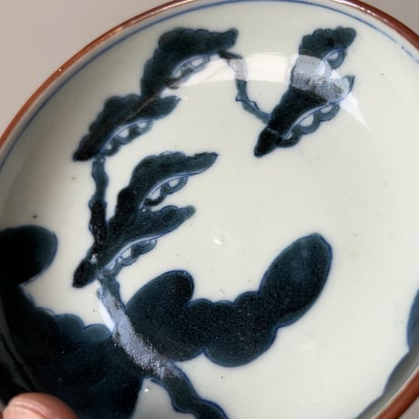 大正期 松柄の古い染付け小皿［5枚セット］呉須 松絵 染付 茶縁 小皿 豆皿 手書き 絵付 グッドバランス 美品範疇