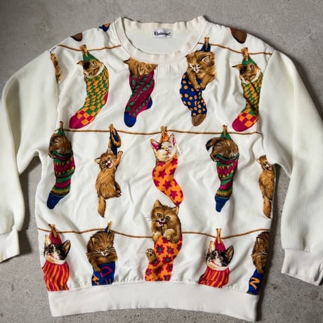 CHADORIAN チャドリアン 猫柄のトレーナー サテンフロント 猫画 総柄 レトロ ヴィンテージ 中古良品