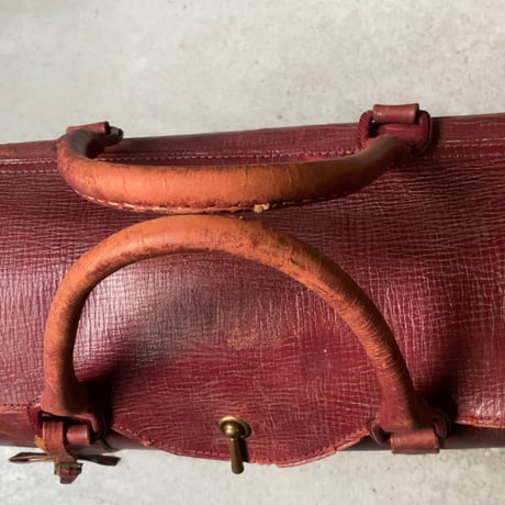 ヴィンテージ レザー バッグ   フラップ＋ファスナー開閉  真鍮製棒ロック  レッドレザー  ハンドバッグ レザーボストン50s 60s 赤い革鞄