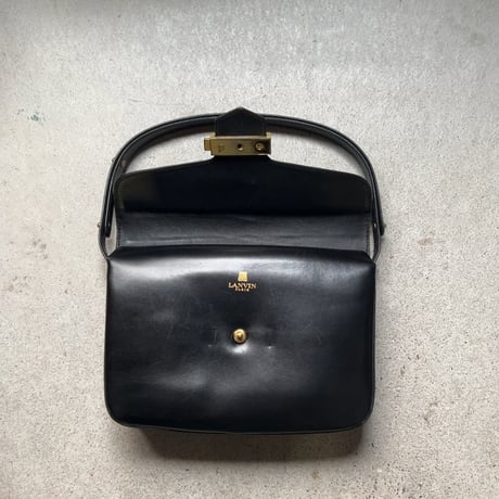 80s VINTAGE LANVIN レザー 2wayショルダーバッグ/ハンドバッグ  フランス製 総革 黒/ゴールド金具 金ロゴ ブラック ヴィンテージバッグ オールドランバン 保存袋付 中古良品