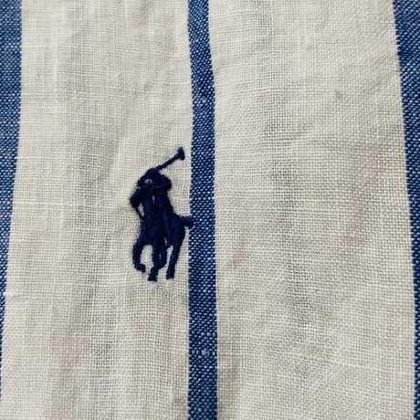 POLO RALPH LAUREN ポロ ラルフローレン 2020年製 クロップドリネンシャツ 白/青ストライプ ドロップショルダー size XS  USED 美品