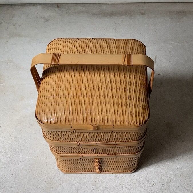 vintage 竹細工 竹籠 3段重 弁当箱 提藍 煎茶籠 茶籠 バスケット vintage 竹細工 竹籠 3段重 弁当箱 提藍 煎茶籠 茶籠 バスケット