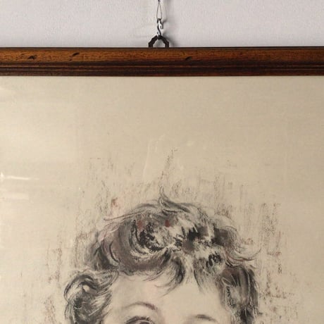 少女人物画　パステル・水彩　額 木製無垢材 デザイン・コンデイション良好