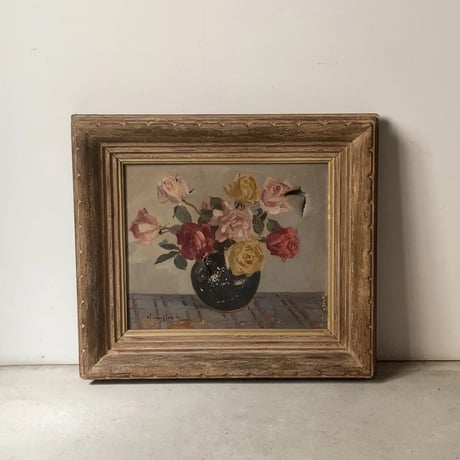 1940～50年代 油絵(ジャンク)+ヴィンテージフレーム  65×58cm 薔薇と花瓶 木製ヴィンテージフレーム 古い額縁 良品