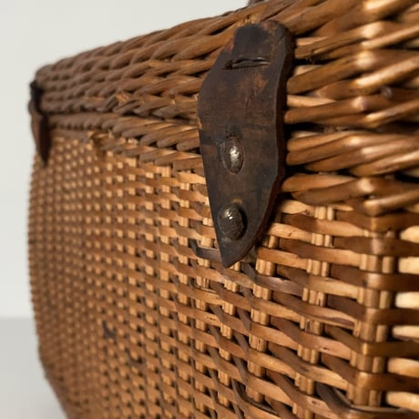 昭和初期の籐編みバスケット  アンティークピクニックバスケット 古い茶籠  編みかご カゴバッグ