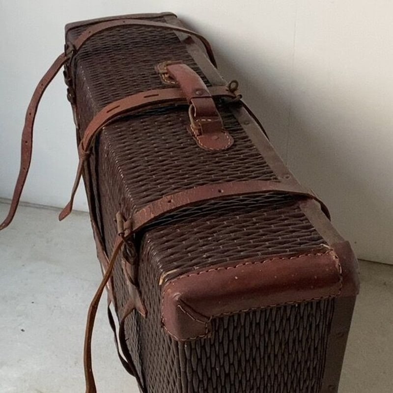 昭和初期 古い柳行李のトランク レザーバンド/レザーハンドル/レザー 