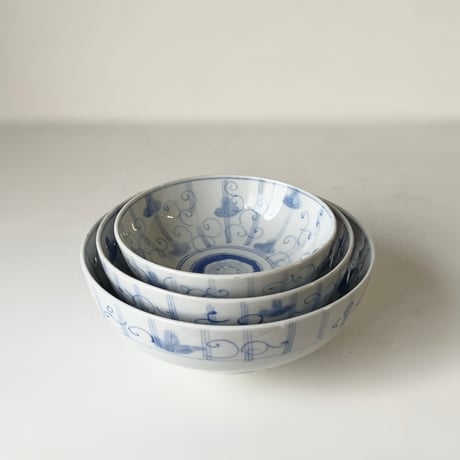 明治期 古い染付の入れ子鉢 (3鉢) アサガオ 蔓 絵  薄色  完品