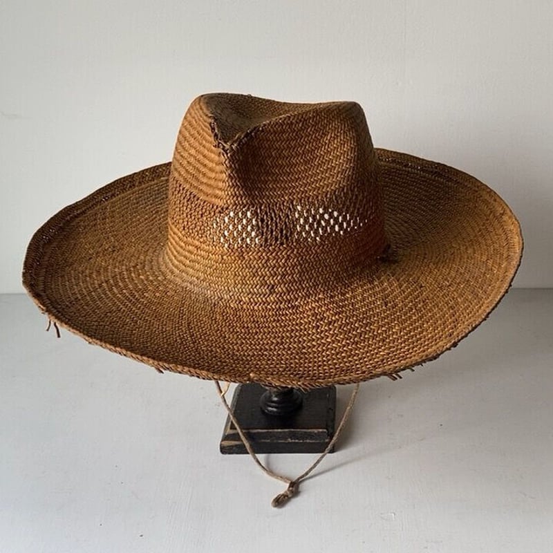 昭和期の古い麦わら帽子 中折れデザイン 顎紐付 農作業 ガーデニング
