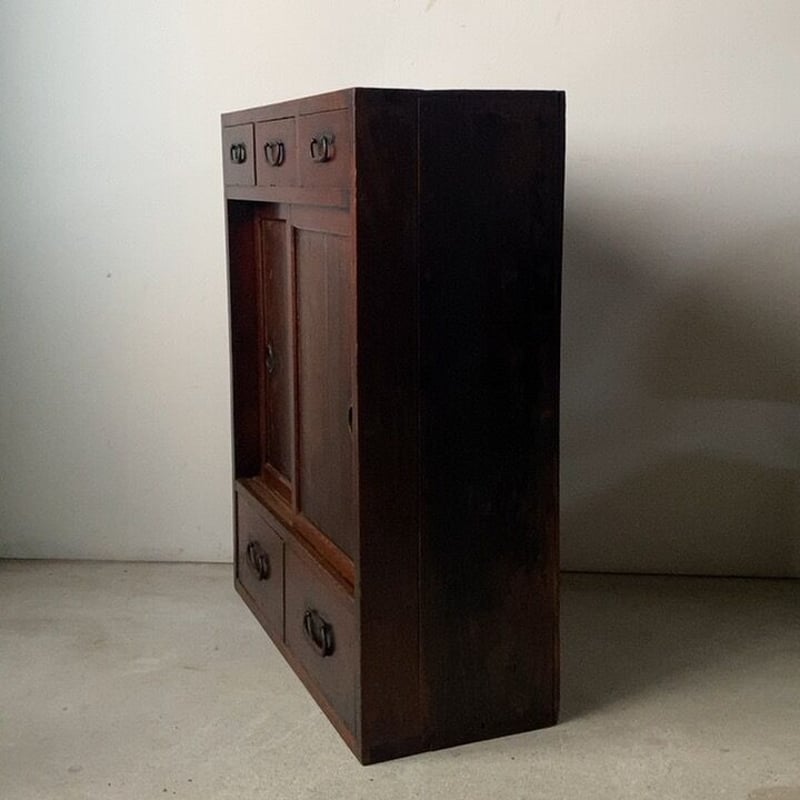 アンティーク小さい茶箪笥 帳場箪笥 引戸棚＋3杯＋2杯引出し構成 前欅