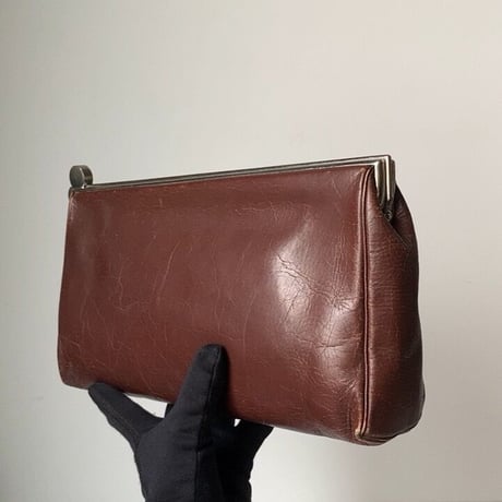ヴィンテージ がま口 クラックバッグ ポーチ セカンドバッグ  レザー ボルドー系ブラウン 60s70s マチ有り 蛇腹開口 革鞄