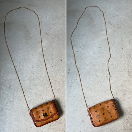 MCM オールドエムシーエム ヴィセトス柄 モノグラム コニャック ボールチェーン ミニミニショルダーバッグ フラップ ポシェット 中古美品