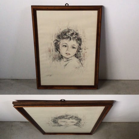 少女人物画　パステル・水彩　額 木製無垢材 デザイン・コンデイション良好