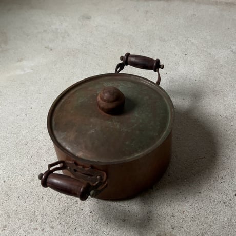 Old COPPER100 HOMEWARE 新光金属 コッパー100 ホームウェア 純銅ヴィンテージ コルドロン 両手鍋 20cm 木製ハンドル 木製摘み  ヴィンテージキッチンツール  中古良品