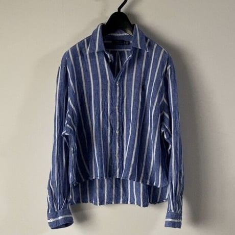 POLO RALPH LAUREN ポロ ラルフローレン 2020年製 クロップドリネンシャツ 青/白 ストライプ ドロップショルダー size XS  USED美品