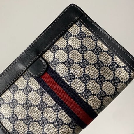 GUCCI PARFUMS  グッチパフューム オールドグッチ  コーティングGGキャンバス/レザー シェリーライン 紺赤  23cm 小型  ヴィンテージ コスメ ポーチ 化粧ポーチ