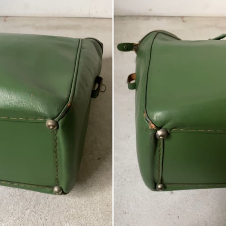 ヴィンテージ レザーバッグ  50s60s 当時物レザートート 革鞄 グリーンレザー ファスナーオープン カギあり インナーシミ外装美品範疇