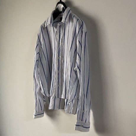 POLO RALPH LAUREN ポロ ラルフローレン 2020年製 クロップドリネンシャツ 白/青ストライプ ドロップショルダー size XS  USED 美品