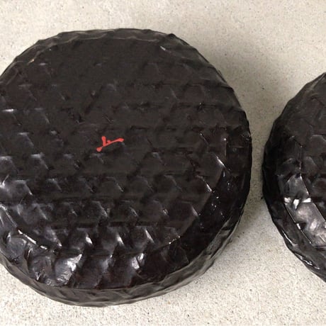 古い竹編 一閑張り 丸箱 蓋有り　菓子箱 道具箱 民具 古民藝　古道具 ヴィンテージクラフト 完品
