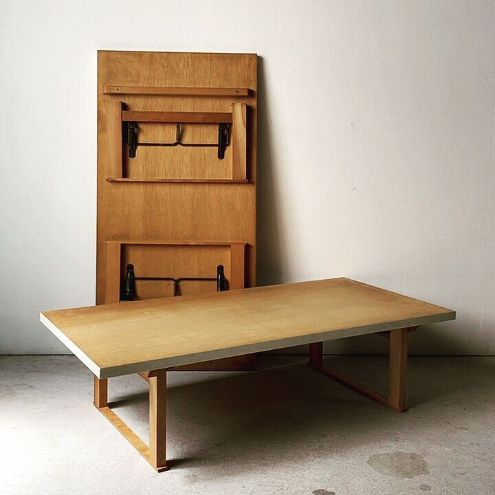 昭和の折り畳み木製裁縫机 2台セット ナチュラルな素地に簡素な鉄の 