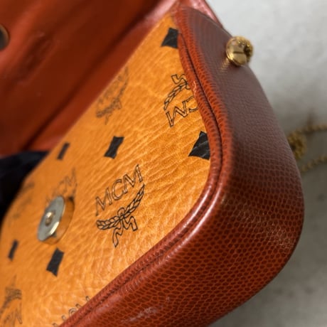 MCM オールドエムシーエム ヴィセトス柄 モノグラム コニャック ボールチェーン ミニミニショルダーバッグ フラップ ポシェット 中古美品