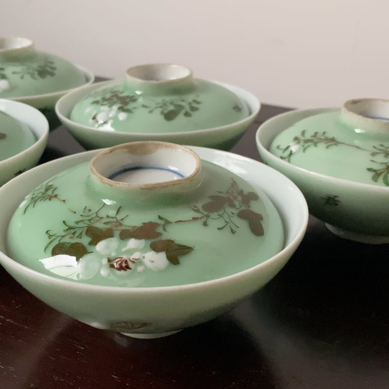 蓋茶碗■吸物碗 5客セット（江戸後期～明治期）丸窓幾何学模様紋 洸春 蓋物 骨董 楽天市場】洸春窯 交趾牡丹茶碗 黄 緑 縁起 高級 お茶碗 飯碗