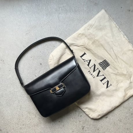80s VINTAGE LANVIN レザー 2wayショルダーバッグ/ハンドバッグ  フランス製 総革 黒/ゴールド金具 金ロゴ ブラック ヴィンテージバッグ オールドランバン 保存袋付 中古良品