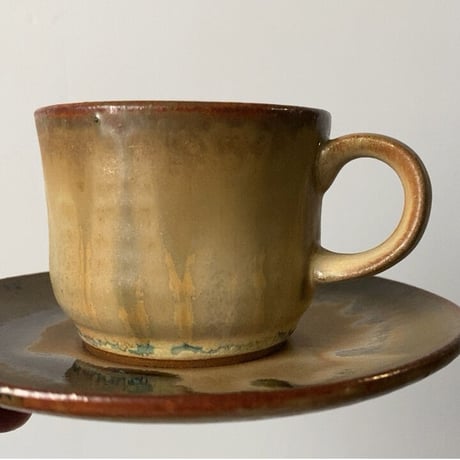 昭和期コーヒーカップ&ソーサー6客セット 窯元不明 黄釉 民藝 傷無し完品